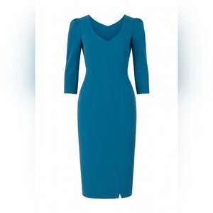 L.K. Bennett Turquoise Stretch Sheath Dress DR MAI V-Neck 3/4 Sleeve Size 4